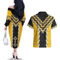 Yellow Niho Taniwha Mix Poutama Couples Matching Off The Shoulder Long Sleeve Dress and Hawaiian Shirt Unique Taniko Aotearoa LT01 - Polynesian Pride
