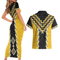 Yellow Niho Taniwha Mix Poutama Couples Matching Short Sleeve Bodycon Dress and Hawaiian Shirt Unique Taniko Aotearoa LT01 - Polynesian Pride
