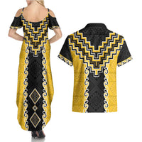 Yellow Niho Taniwha Mix Poutama Couples Matching Summer Maxi Dress and Hawaiian Shirt Unique Taniko Aotearoa LT01 - Polynesian Pride