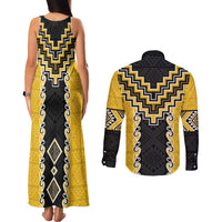 Yellow Niho Taniwha Mix Poutama Couples Matching Tank Maxi Dress and Long Sleeve Button Shirt Unique Taniko Aotearoa