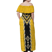 Yellow Niho Taniwha Mix Poutama Family Matching Off Shoulder Maxi Dress and Hawaiian Shirt Unique Taniko Aotearoa LT01 - Polynesian Pride