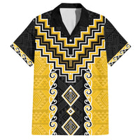 Yellow Niho Taniwha Mix Poutama Family Matching Off Shoulder Short Dress and Hawaiian Shirt Unique Taniko Aotearoa LT01 Dad's Shirt - Short Sleeve Yellow - Polynesian Pride