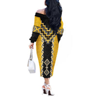 Yellow Niho Taniwha Mix Poutama Off The Shoulder Long Sleeve Dress Unique Taniko Aotearoa