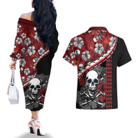 Hawaii Halloween Couples Matching Off The Shoulder Long Sleeve Dress and Hawaiian Shirt Hibiscus Skull Kakau Pattern LT01 - Polynesian Pride