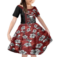 Hawaii Halloween Family Matching Off Shoulder Long Sleeve Dress and Hawaiian Shirt Hibiscus Skull Kakau Pattern LT01 Daughter's Dress Red - Polynesian Pride