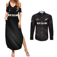 Custom New Zealand Cricket Couples Matching Summer Maxi Dress and Long Sleeve Button Shirt Aotearoa Black Cap Come On