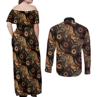 Batik Pedalaman Semen Lereng Style Couples Matching Off Shoulder Maxi Dress and Long Sleeve Button Shirt Indonesian Traditional Pattern