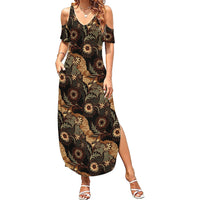 Batik Pedalaman Semen Lereng Style Family Matching Summer Maxi Dress and Hawaiian Shirt Indonesian Traditional Pattern LT01 Mom's Dress Black - Polynesian Pride