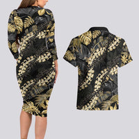 Gold Tropical Leaves Hawaii Mikioi Lei Couples Matching Long Sleeve Bodycon Dress and Hawaiian Shirt Luxury Stylized - Polynesian Pride
