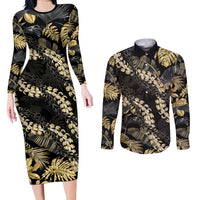 Gold Tropical Leaves Hawaii Mikioi Lei Couples Matching Long Sleeve Bodycon Dress and Long Sleeve Button Shirt Luxury Stylized - Polynesian Pride