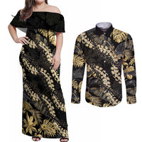Gold Tropical Leaves Hawaii Mikioi Lei Couples Matching Off Shoulder Maxi Dress and Long Sleeve Button Shirt Luxury Stylized - Polynesian Pride