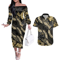 Gold Tropical Leaves Hawaii Mikioi Lei Couples Matching Off The Shoulder Long Sleeve Dress and Hawaiian Shirt Luxury Stylized LT01 Gold - Polynesian Pride