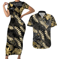 Gold Tropical Leaves Hawaii Mikioi Lei Couples Matching Short Sleeve Bodycon Dress and Hawaiian Shirt Luxury Stylized - Polynesian Pride