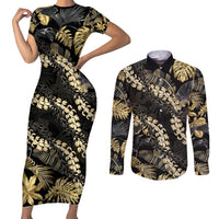 Gold Tropical Leaves Hawaii Mikioi Lei Couples Matching Short Sleeve Bodycon Dress and Long Sleeve Button Shirt Luxury Stylized - Polynesian Pride
