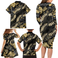 Gold Tropical Leaves Hawaii Mikioi Lei Family Matching Long Sleeve Bodycon Dress and Hawaiian Shirt Luxury Stylized LT01 - Polynesian Pride