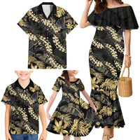 Gold Tropical Leaves Hawaii Mikioi Lei Family Matching Mermaid Dress and Hawaiian Shirt Luxury Stylized LT01 - Polynesian Pride