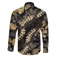 Gold Tropical Leaves Hawaii Mikioi Lei Family Matching Off The Shoulder Long Sleeve Dress and Hawaiian Shirt Luxury Stylized LT01 - Polynesian Pride