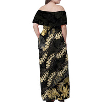 Gold Tropical Leaves Hawaii Mikioi Lei Family Matching Off Shoulder Maxi Dress and Hawaiian Shirt Luxury Stylized LT01 - Polynesian Pride