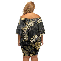 Gold Tropical Leaves Hawaii Mikioi Lei Family Matching Off Shoulder Short Dress and Hawaiian Shirt Luxury Stylized LT01 - Polynesian Pride