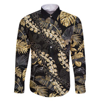 Gold Tropical Leaves Hawaii Mikioi Lei Family Matching Puletasi and Hawaiian Shirt Luxury Stylized LT01 Dad's Shirt - Long Sleeve Gold - Polynesian Pride
