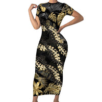Gold Tropical Leaves Hawaii Mikioi Lei Family Matching Short Sleeve Bodycon Dress and Hawaiian Shirt Luxury Stylized LT01 Mom's Dress Gold - Polynesian Pride