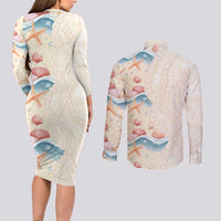 Beige Hawaii Lei Seashells Starfish Couples Matching Long Sleeve Bodycon Dress and Long Sleeve Button Shirt Sandy Sylized - Polynesian Pride