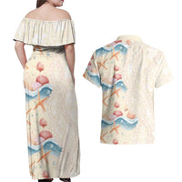 Beige Hawaii Lei Seashells Starfish Couples Matching Off Shoulder Maxi Dress and Hawaiian Shirt Sandy Sylized - Polynesian Pride