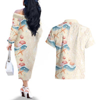 Beige Hawaii Lei Seashells Starfish Couples Matching Off The Shoulder Long Sleeve Dress and Hawaiian Shirt Sandy Sylized LT01 - Polynesian Pride