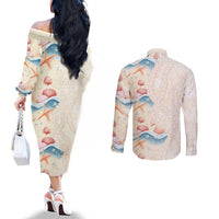 Beige Hawaii Lei Seashells Starfish Couples Matching Off The Shoulder Long Sleeve Dress and Long Sleeve Button Shirt Sandy Sylized - Polynesian Pride