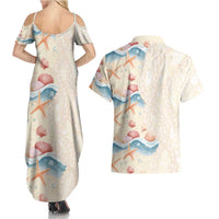 Beige Hawaii Lei Seashells Starfish Couples Matching Summer Maxi Dress and Hawaiian Shirt Sandy Sylized - Polynesian Pride