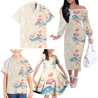 Beige Hawaii Lei Seashells Starfish Family Matching Off The Shoulder Long Sleeve Dress and Hawaiian Shirt Sandy Sylized LT01 - Polynesian Pride
