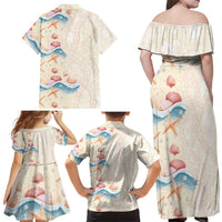 Beige Hawaii Lei Seashells Starfish Family Matching Off Shoulder Maxi Dress and Hawaiian Shirt Sandy Sylized LT01 - Polynesian Pride