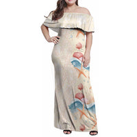 Beige Hawaii Lei Seashells Starfish Family Matching Off Shoulder Maxi Dress and Hawaiian Shirt Sandy Sylized LT01 Mom's Dress Beige - Polynesian Pride