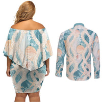 Hawaii Lei Seashells Starfish Couples Matching Off Shoulder Short Dress and Long Sleeve Button Shirt Fresh Summer Vibe - Polynesian Pride