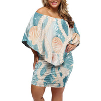 Hawaii Lei Seashells Starfish Family Matching Off Shoulder Short Dress and Hawaiian Shirt Fresh Summer Vibe LT01 Mom's Dress Blue - Polynesian Pride