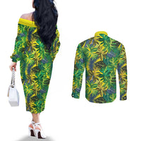 Hawaii Summer Tropical Leaves Couples Matching Off The Shoulder Long Sleeve Dress and Long Sleeve Button Shirt - Polynesian Pride