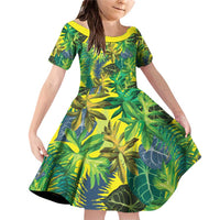 Hawaii Summer Tropical Leaves Family Matching Off Shoulder Short Dress and Hawaiian Shirt LT01 Daughter's Dress Yellow - Polynesian Pride