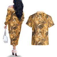 Hawaii Gold Tropical Leaves Couples Matching Off The Shoulder Long Sleeve Dress and Hawaiian Shirt LT01 - Polynesian Pride