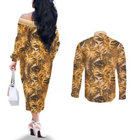 Hawaii Gold Tropical Leaves Couples Matching Off The Shoulder Long Sleeve Dress and Long Sleeve Button Shirt - Polynesian Pride