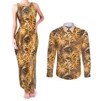 Hawaii Gold Tropical Leaves Couples Matching Tank Maxi Dress and Long Sleeve Button Shirt - Polynesian Pride