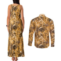 Hawaii Gold Tropical Leaves Couples Matching Tank Maxi Dress and Long Sleeve Button Shirt - Polynesian Pride