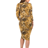 Hawaii Gold Tropical Leaves Family Matching Long Sleeve Bodycon Dress and Hawaiian Shirt LT01 - Polynesian Pride