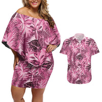 Hawaii Pink Tropical Leaves Couples Matching Off Shoulder Short Dress and Hawaiian Shirt - Polynesian Pride