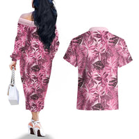 Hawaii Pink Tropical Leaves Couples Matching Off The Shoulder Long Sleeve Dress and Hawaiian Shirt LT01 - Polynesian Pride