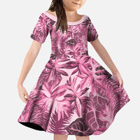 Hawaii Pink Tropical Leaves Family Matching Off Shoulder Maxi Dress and Hawaiian Shirt LT01 Daughter's Dress Pink - Polynesian Pride