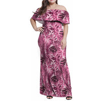 Hawaii Pink Tropical Leaves Family Matching Off Shoulder Maxi Dress and Hawaiian Shirt LT01 Mom's Dress Pink - Polynesian Pride