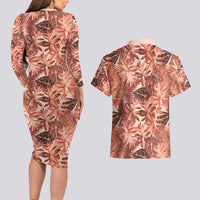 Hawaii Red Brown Tropical Leaves Couples Matching Long Sleeve Bodycon Dress and Hawaiian Shirt - Polynesian Pride