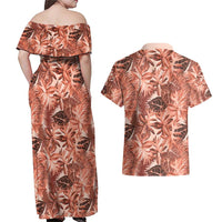 Hawaii Red Brown Tropical Leaves Couples Matching Off Shoulder Maxi Dress and Hawaiian Shirt - Polynesian Pride