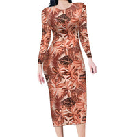 Hawaii Red Brown Tropical Leaves Family Matching Long Sleeve Bodycon Dress and Hawaiian Shirt LT01 Mom's Dress Brown - Polynesian Pride