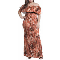 Hawaii Red Brown Tropical Leaves Family Matching Off Shoulder Maxi Dress and Hawaiian Shirt LT01 Mom's Dress Brown - Polynesian Pride
